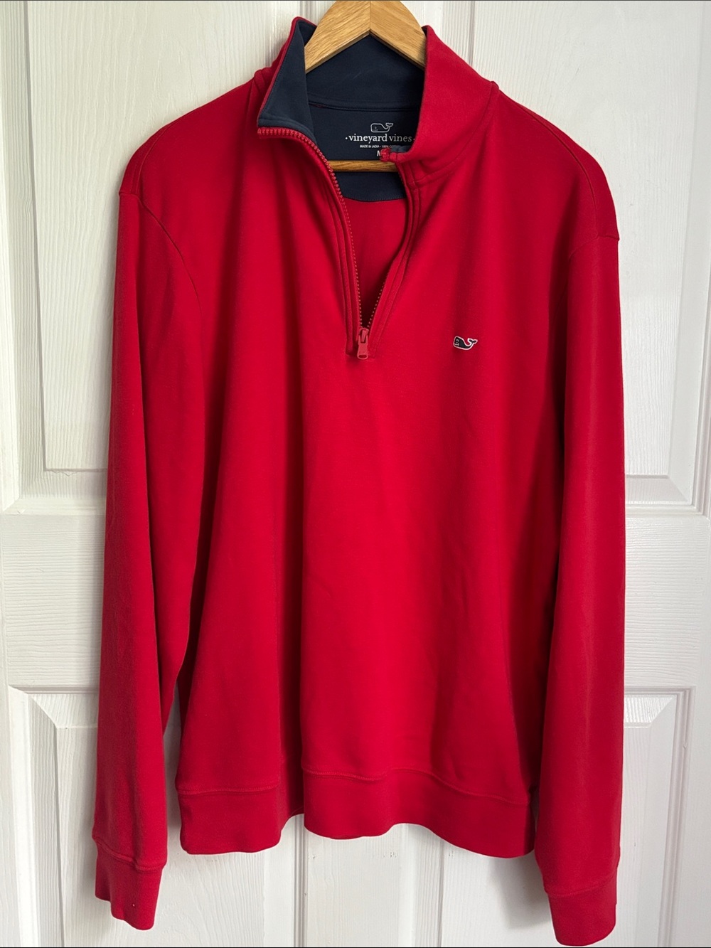 Vineyard Vines Men’s Bright Red Quarter-Zip Pullover with Navy Trim Size Medium